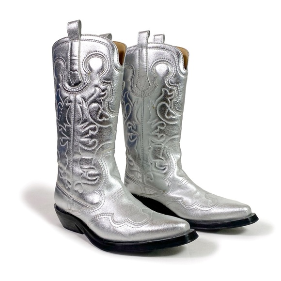 Ganni Shoes - Ganni Silver Mid Shaft Embroidered Western Boots